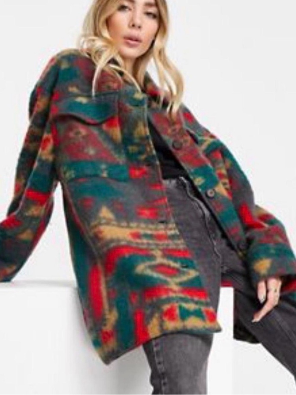 ASOS Oversized Multicolor Patterned Shacket - Green/Red/Gold